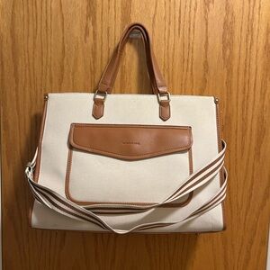 Cream and Tan Shoulder Tote Bag with Exterior Pocket